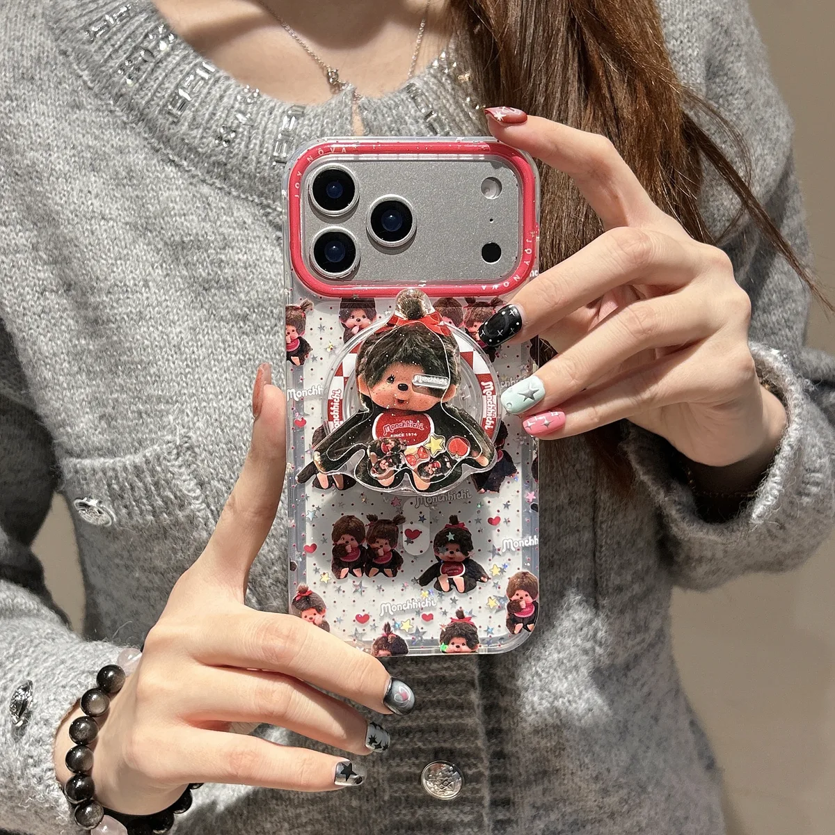 Monchhichi Clear Glitter iPhone 17 16 15 14 13 Pro Max Phone Case with Ring Stand